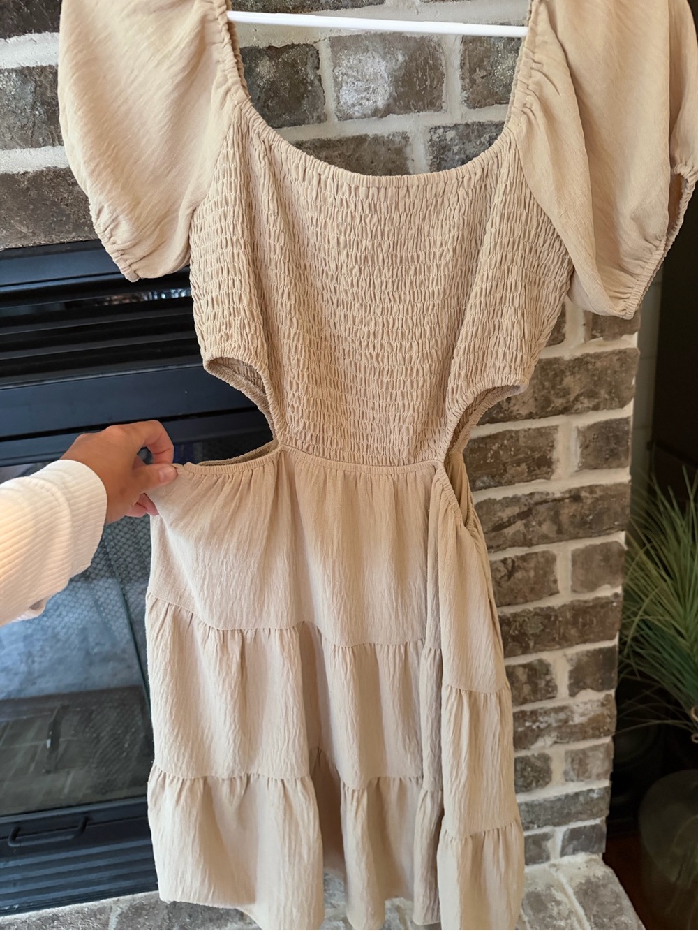 Bundle with anything and save/Peach Love Beige Smocked Cutout Tiered Mini Dress